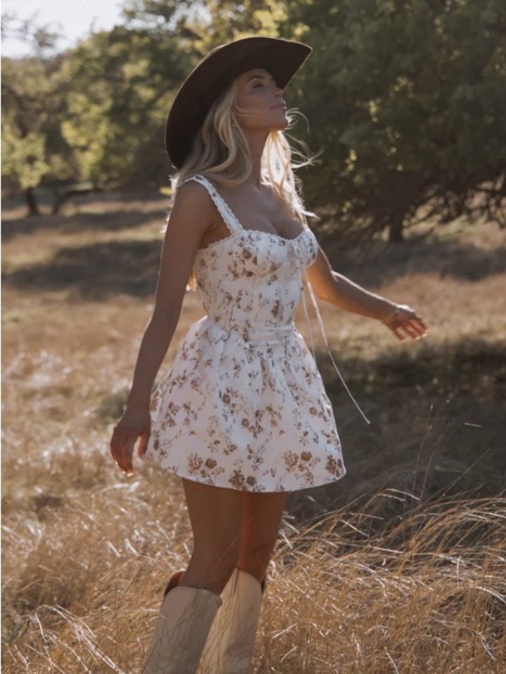Dress Forum Ivory Mini Corset Dress with Brown Floral Print Lace Detail on Strap
